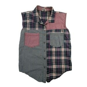 Patchwork Plaid Sleeveless Button Up Shirt – Women's M Multicolor Y2K